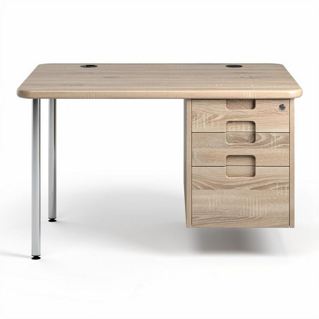 Houten bureau met lades 120 x 60 x 75cm in lichtkleurig hout en stalen poten