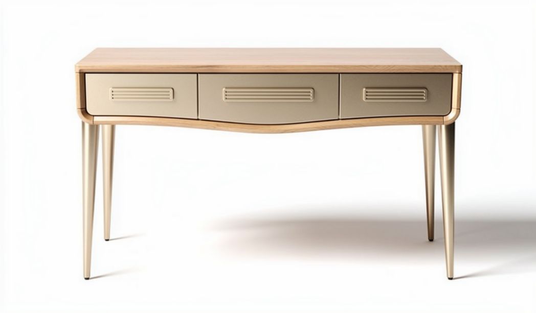 Houten tafel met metalen poten en drie lades in beige 120 x 40 x 75cm