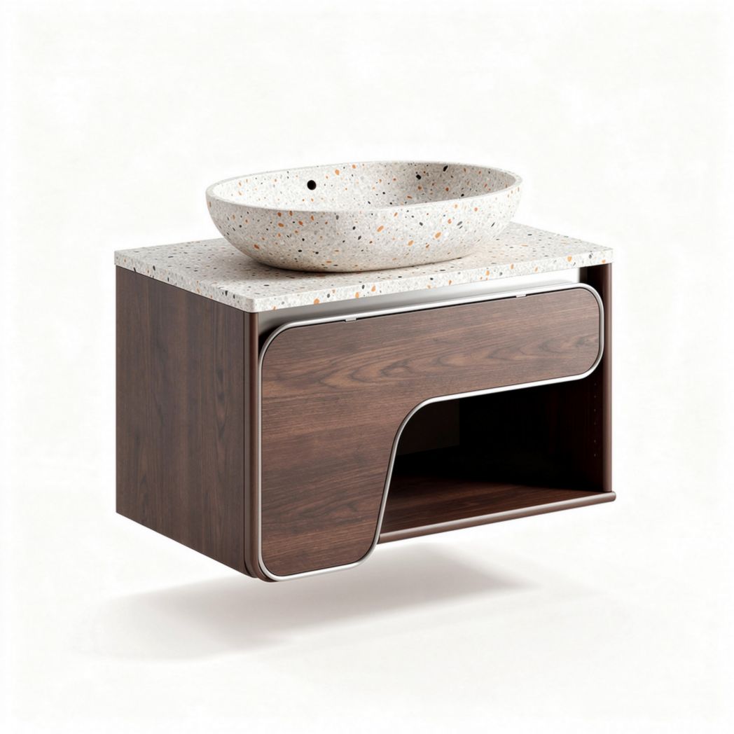 Hangende badkamerconsole met keramische wastafel en houtafwerking 60 x 40 x 30cm