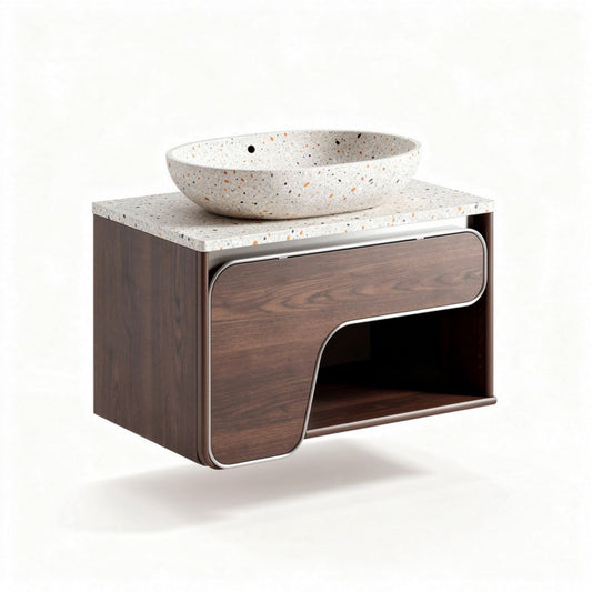 Hangende badkamerconsole met keramische wastafel en houtafwerking 60 x 40 x 30cm
