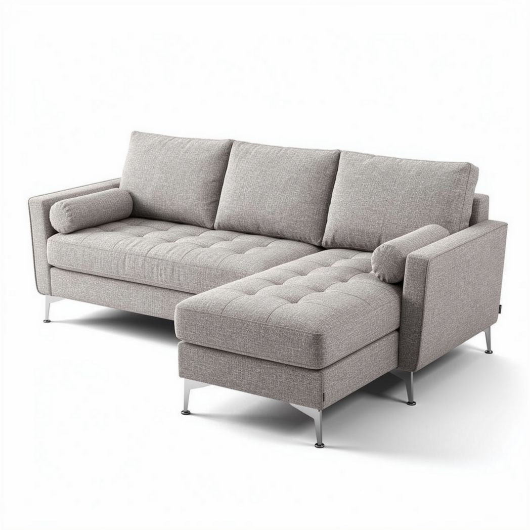 Lichte grijze hoekbank van stof met afmetingen 200 x 90 x 85cm
