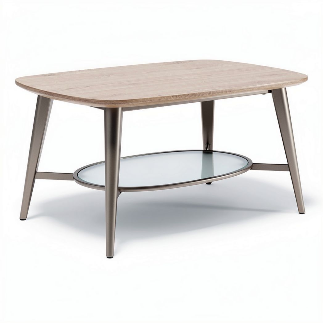 Salontafel van eikenhout met glazen onderblad 100 x 60 x 45cm