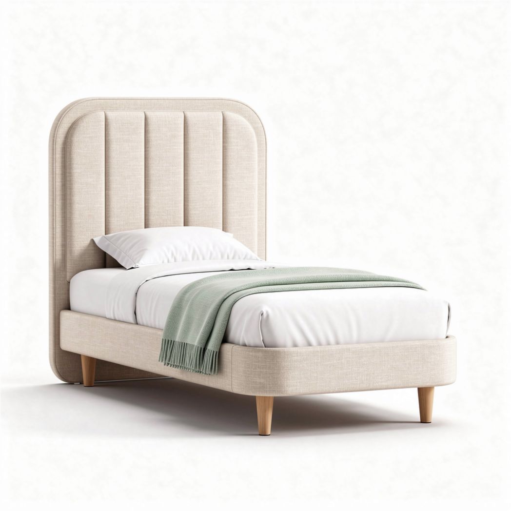 Bed met stoffen hoofdboard en houten poten 200 x 100 x 90cm beige