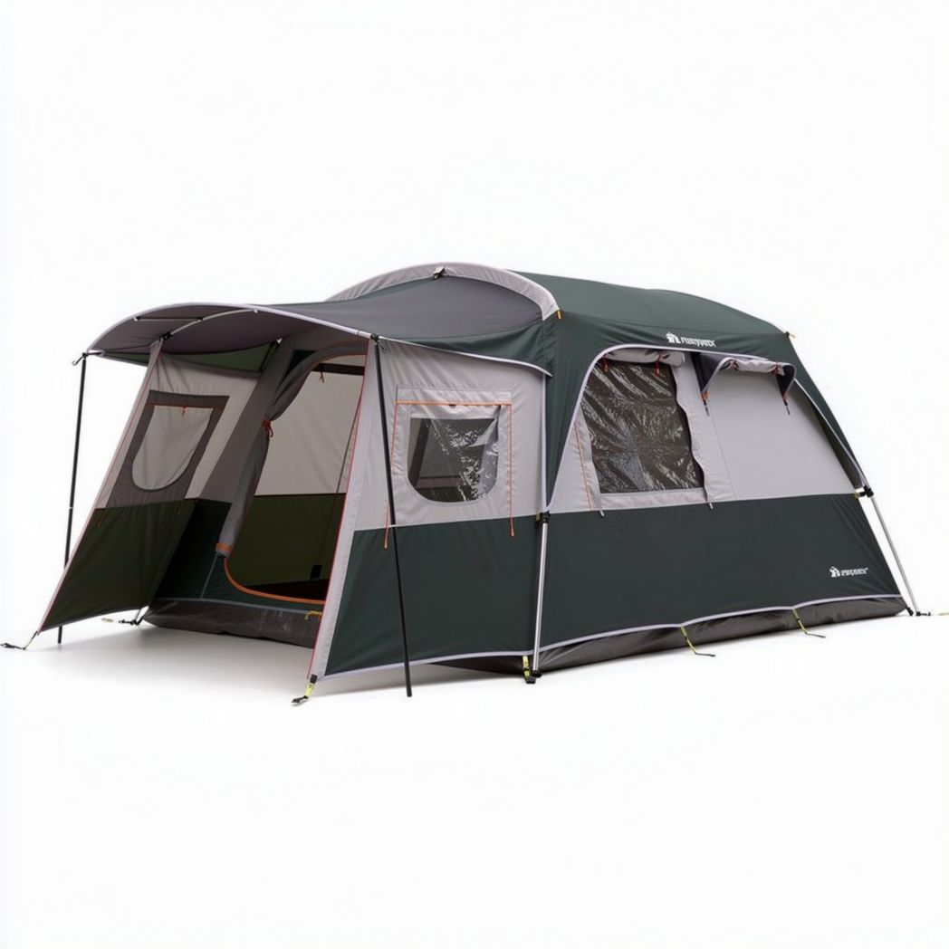 Tent met afmetingen 400 x 300 x 200 cm uitgevoerd in groen en grijs polyester met deuren en ramen