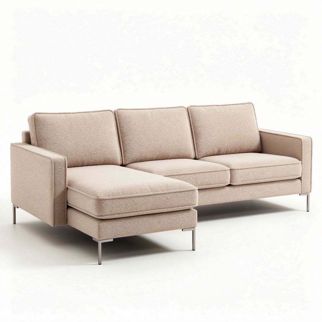Hoekbank van stof in lichtbeige met afmetingen 200 x 90 x 85 cm