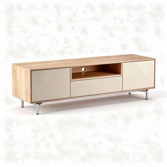 Tv-meubel van hout met beige deuren afmetingen 180 x 40 x 50cm