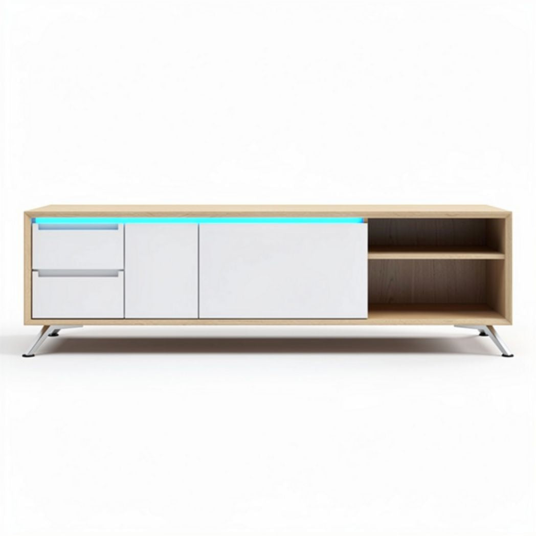 Lange houten tv-meubel met witte lades en verlichting 150 x 40 x 50cm